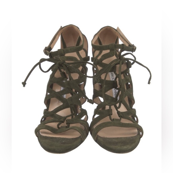 Manolo Blahnik Vostra Strappy Suede Lace Up Open Toe Heels Green sz 38 - Picture 3 of 5